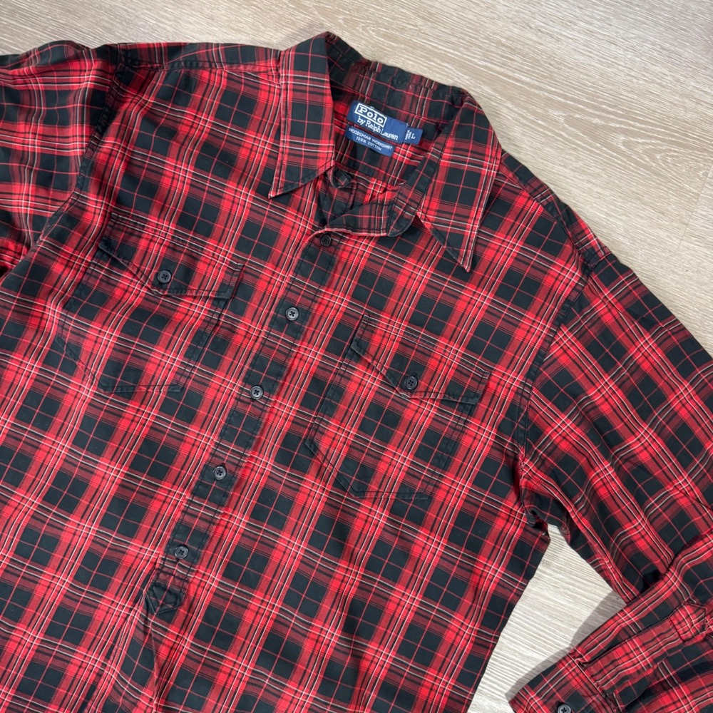 Polo Ralph Lauren Woodsman Workshirt Mens L Red Black Plaid Cotton Flannel